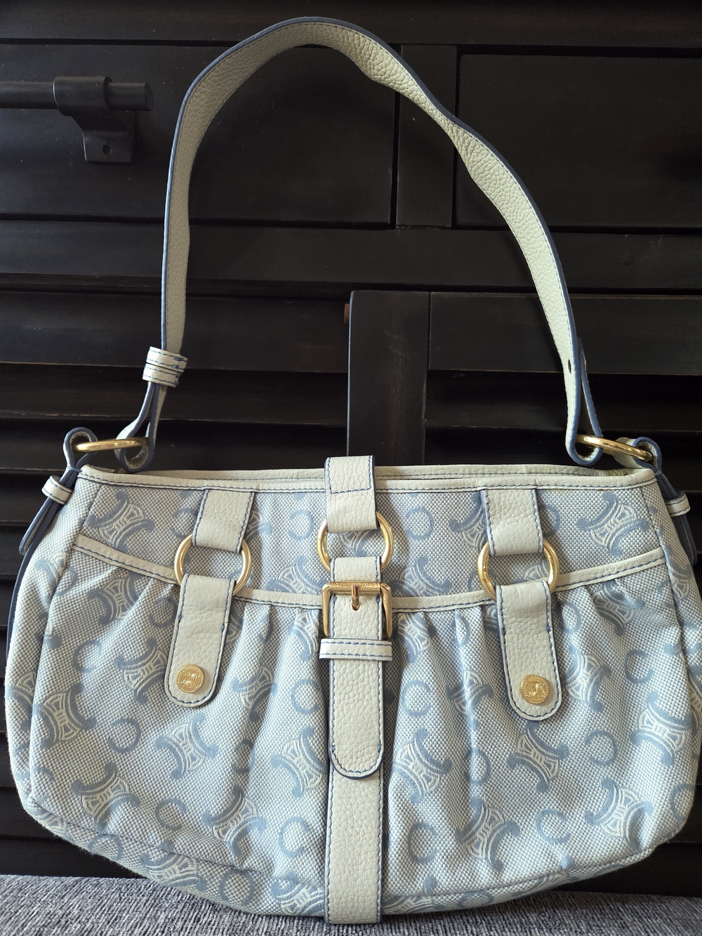 CELINE C Macadam Light Blue and White Monogram Canvas Bag COA